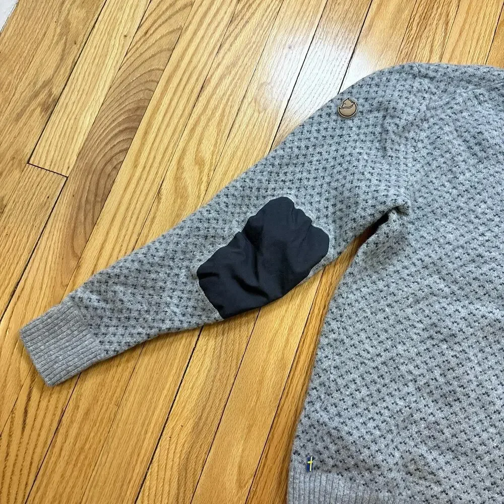 Fjallraven Ovik Nordic Sweater Men’s Size L Wool Gray Pattern Knit Elbow Patches - Picture 11 of 13